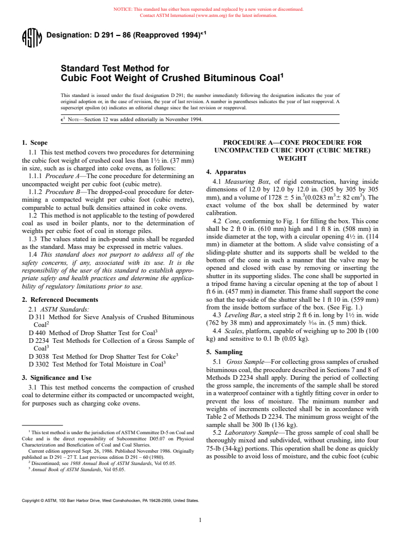 ASTM D291-86(1994)e1 - Standard Test Method for Cubic Foot Weight of Crushed Bituminous Coal