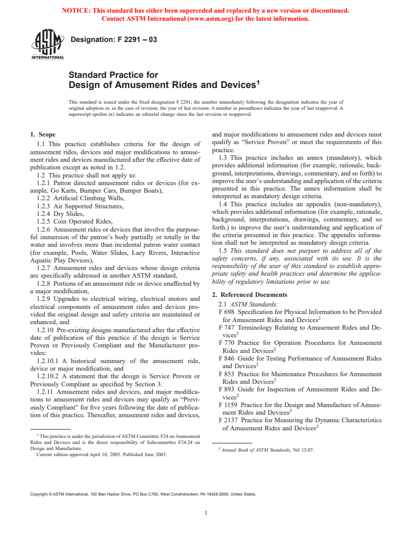 ASTM F2291-03 - Standard Practice for Design of Amusement Rides and Devices