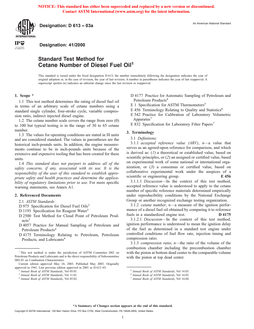 ASTM D613-03a - Standard Test Method for Cetane Number of Diesel Fuel Oil