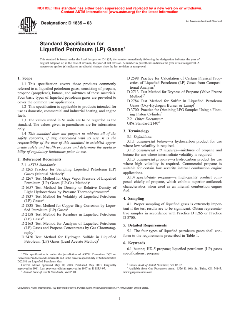 ASTM D1835-03 - Standard Specification for Liquefied Petroleum (LP) Gases