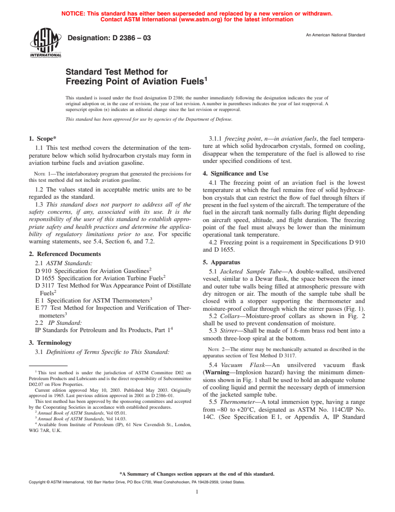 ASTM D2386-03 - Standard Test Method for Freezing Point of Aviation Fuels