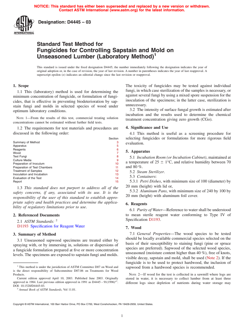 ASTM D4445-03 - Standard Test Method for Fungicides for Controlling Sapstain and Mold on Unseasoned Lumber (Laboratory Method)