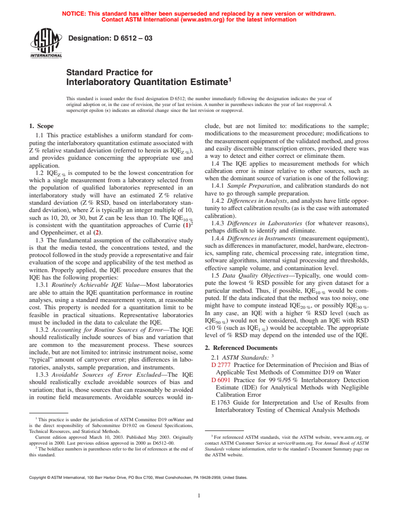 ASTM D6512-03 - Standard Practice for Interlaboratory Quantitation Estimate