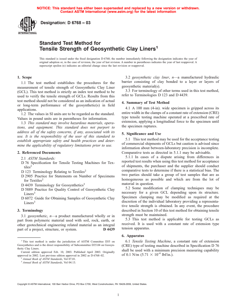 ASTM D6768-03 - Standard Test Method for Tensile Strength of Geosynthetic Clay Liners