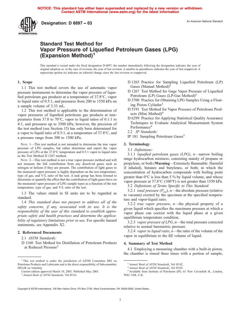 ASTM D6897-03 - Standard Test Method for Vapor Pressure of Liquefied Petroleum Gases (LPG) (Expansion Method)