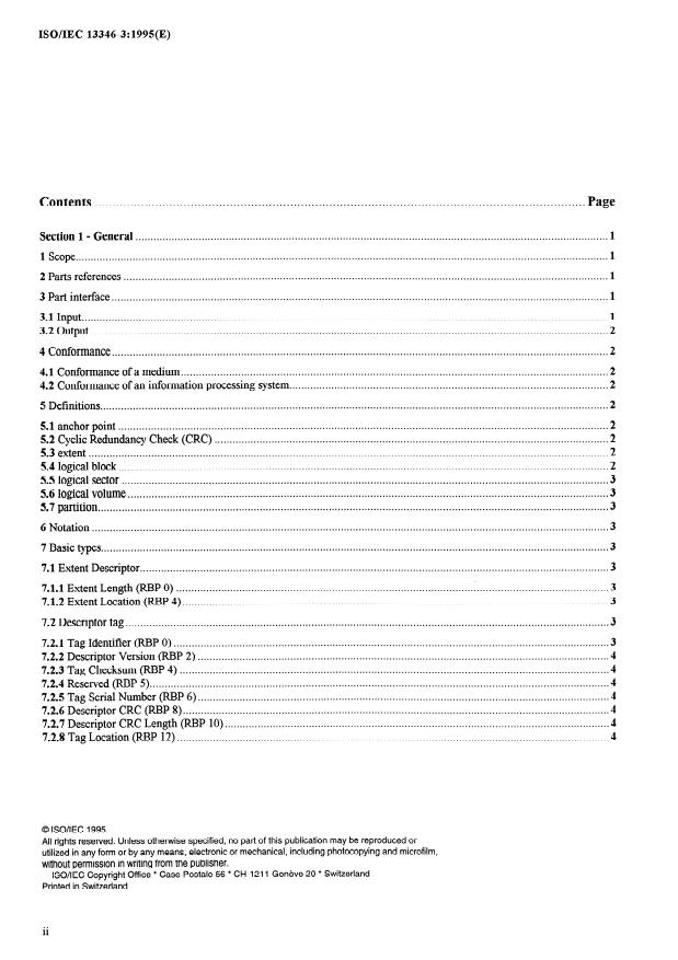 ISO/IEC 13346-3:1995 ISO/IEC 13346-3:1995 - Information technology -- Volume and file structure of write-once and rewritable media using non-sequential recording for information interchange - Page 2 preview