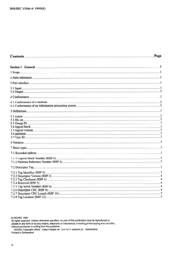 ISO/IEC 13346-4:1995 ISO/IEC 13346-4:1995 - Information technology -- Volume and file structure of write-once and rewritable media using non-sequential recording for information interchange - Page 2 preview