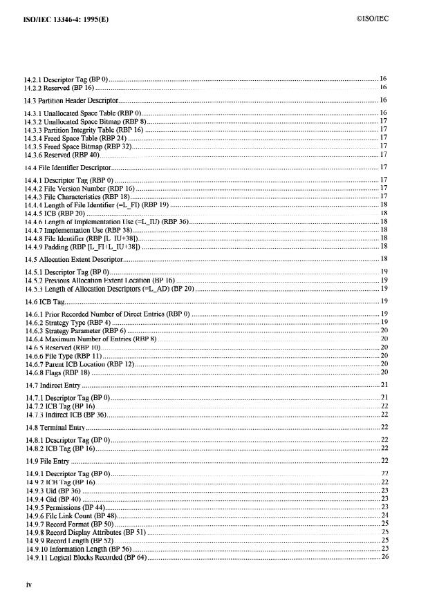 ISO/IEC 13346-4:1995 ISO/IEC 13346-4:1995 - Information technology -- Volume and file structure of write-once and rewritable media using non-sequential recording for information interchange - Page 4 preview