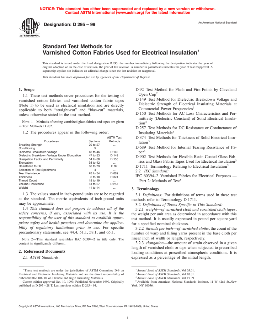 ASTM D295-99 - Standard Test Methods for Varnished Cotton Fabrics Used for Electrical Insulation