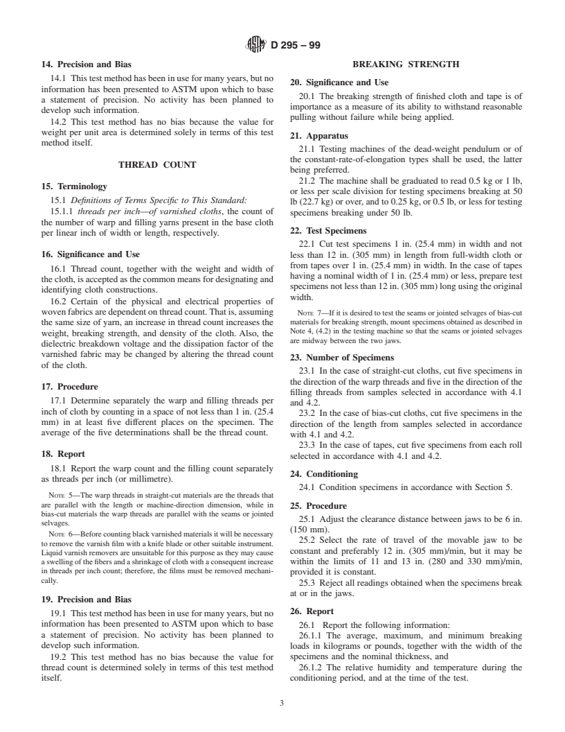 ASTM D295-99 - Standard Test Methods for Varnished Cotton Fabrics Used for Electrical Insulation