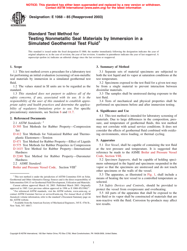 ASTM E1068-85(2003) - Standard Test Method for Testing Nonmetallic Seal Materials by Immersion in a Simulated Geothermal Test Fluid