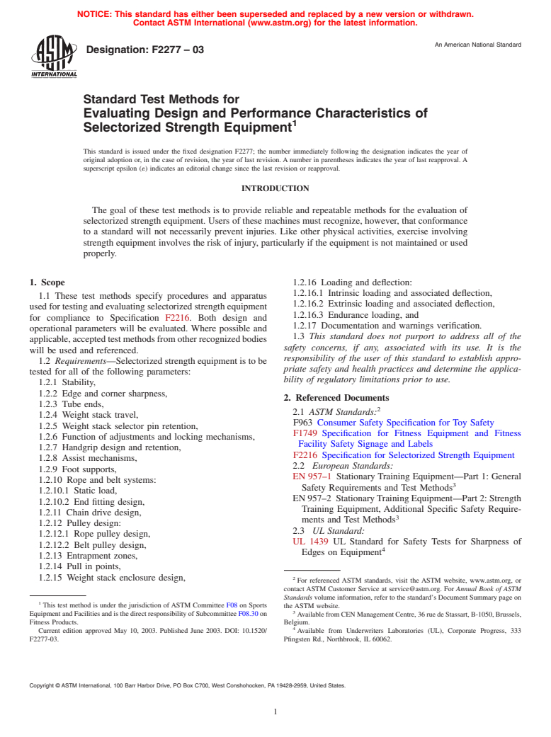 ASTM F2277-03 - Standard Test Methods for Evaluating Design and Performance Characteristics of Selectorized Strength Equipment
