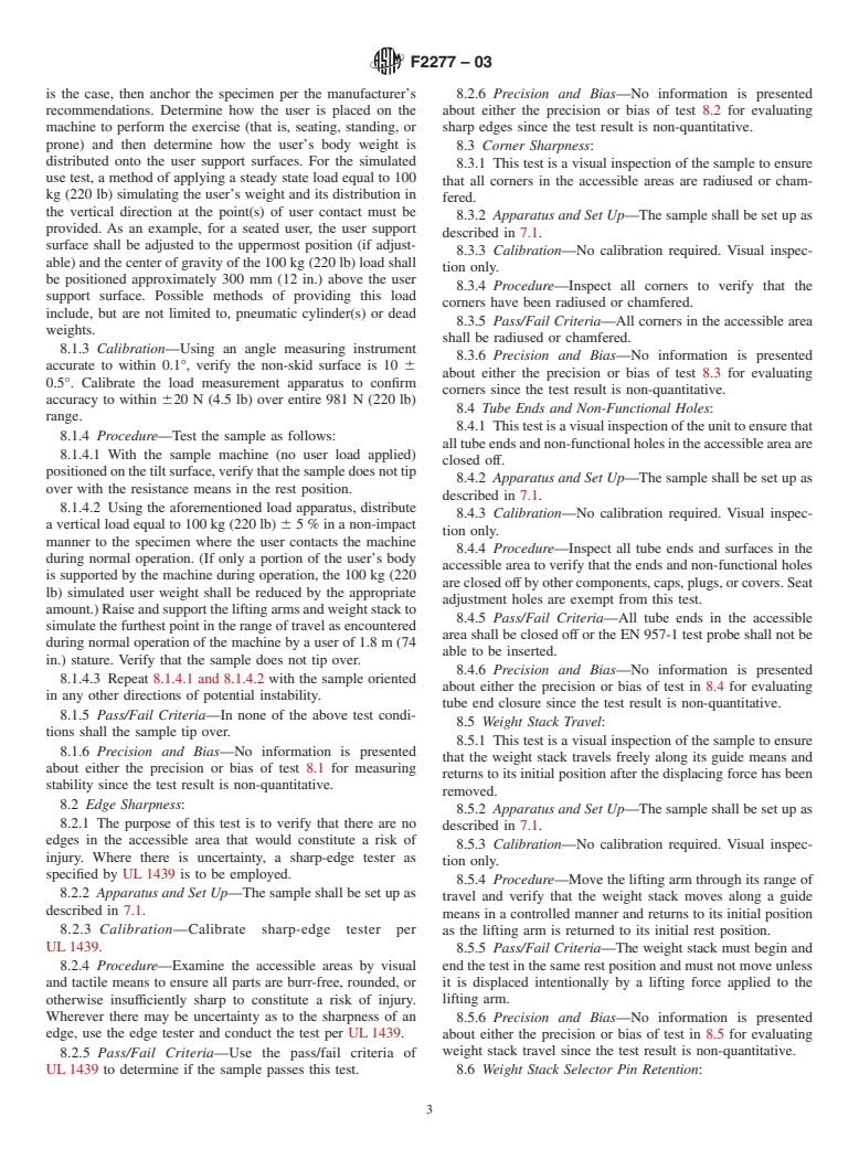 ASTM F2277-03 - Standard Test Methods for Evaluating Design and Performance Characteristics of Selectorized Strength Equipment