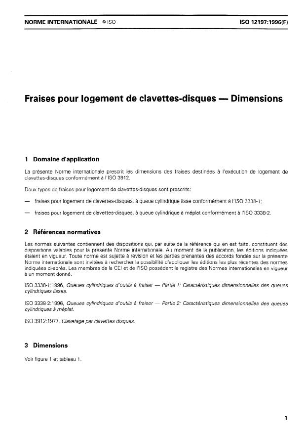 ISO 12197:1996 - Fraises pour logement de clavettes-disques -- Dimensions