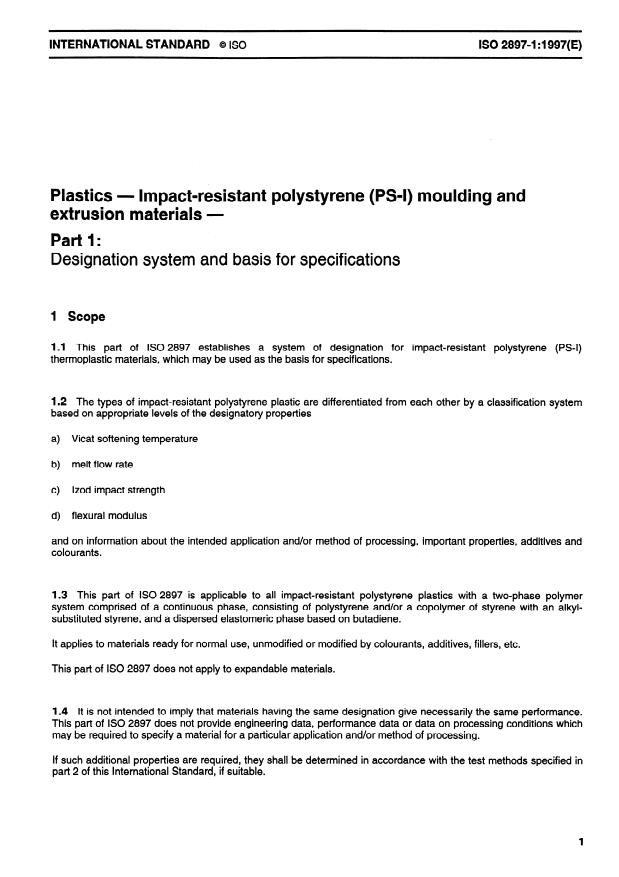 ISO 2897-1:1997 - Plastics -- Impact-resistant polystyrene (PS-I) moulding and extrusion materials