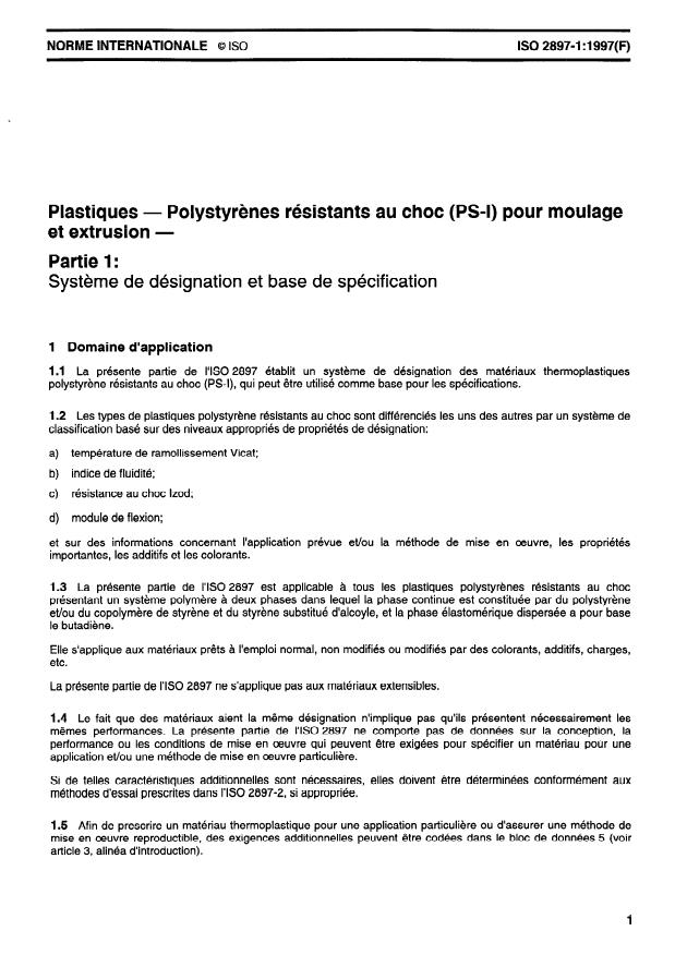 ISO 2897-1:1997 - Plastiques -- Polystyrenes résistants au choc (PS-I) pour moulage et extrusion