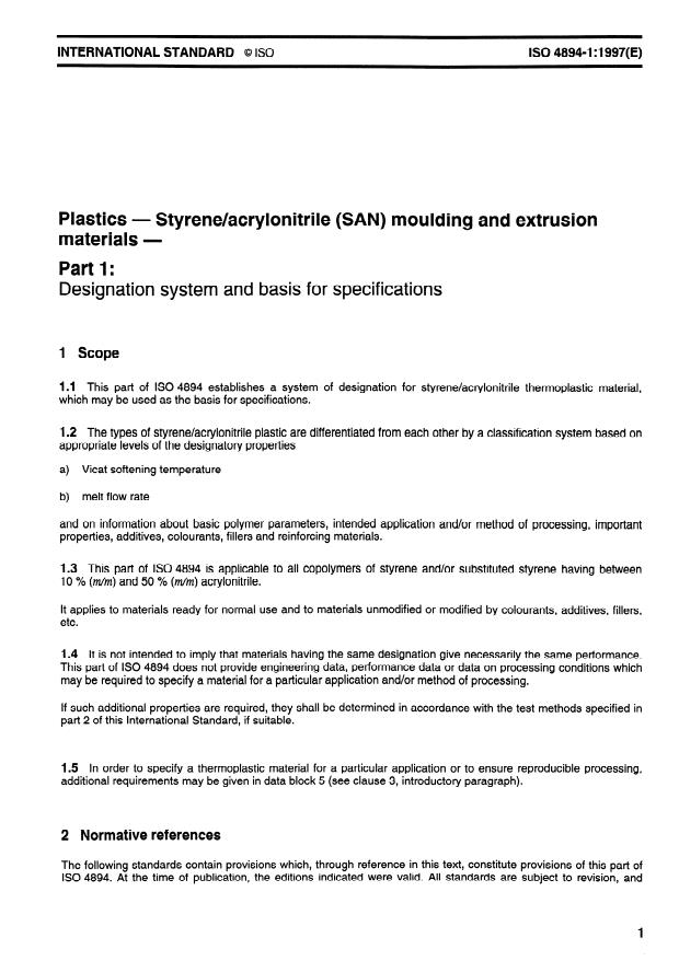 ISO 4894-1:1997 - Plastics -- Styrene/acrylonitrile (SAN) moulding and extrusion materials