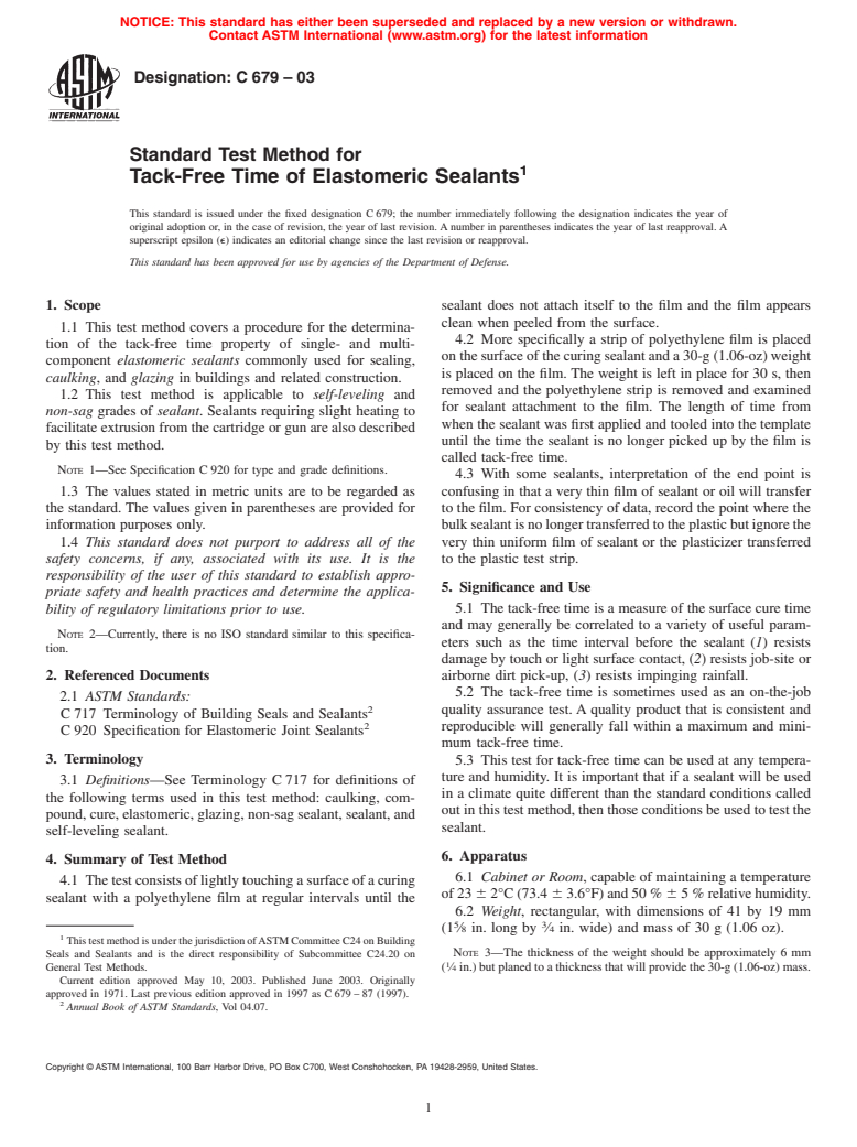 ASTM C679-03 - Standard Test Method for Tack-Free Time of Elastomeric Sealants