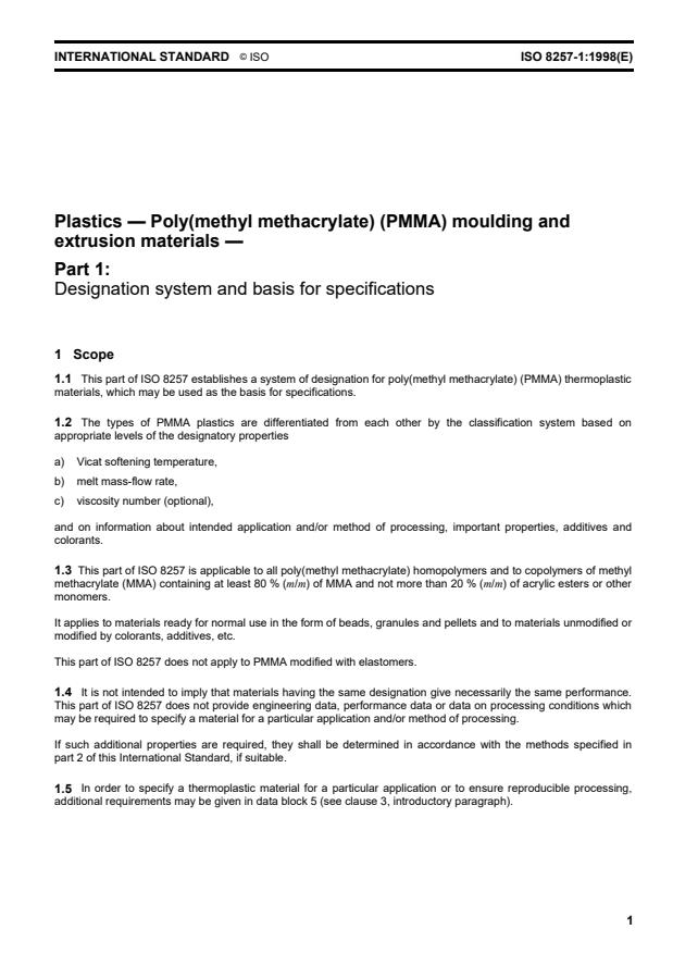 ISO 8257-1:1998 - Plastics -- Poly(methyl methacrylate) (PMMA) moulding and extrusion materials