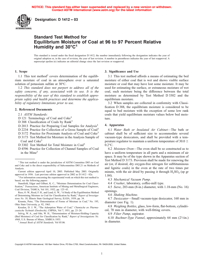 ASTM D1412-03 - Standard Test Method for Equilibrium Moisture of Coal at 96 to 97 Percent Relative Humidity and 30&#176C