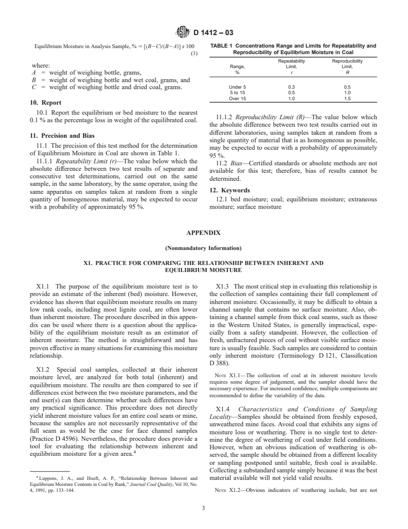 ASTM D1412-03 - Standard Test Method for Equilibrium Moisture of Coal at 96 to 97 Percent Relative Humidity and 30&#176C