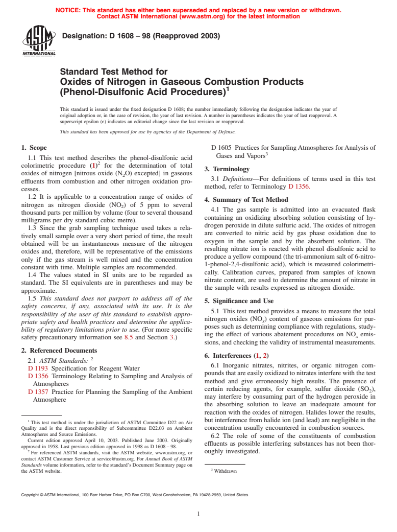 ASTM D1608-98(2003) - Standard Test Method for Oxides of Nitrogen in Gaseous Combustion Products (Phenol-Disulfonic Acid Procedures)