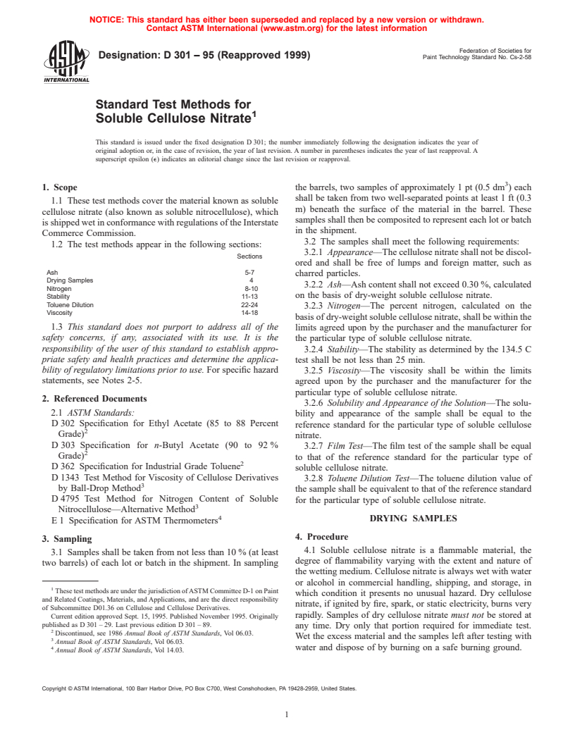 ASTM D301-95(1999) - Standard Test Methods for Soluble Cellulose Nitrate