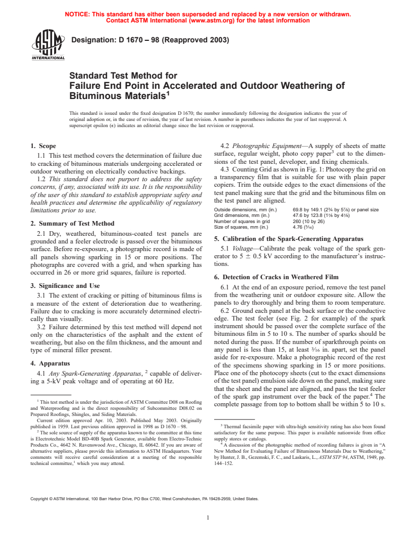 ASTM D1670-98(2003) - Standard Test Method for Failure End Point in Accelerated and Outdoor Weathering of Bituminous Materials