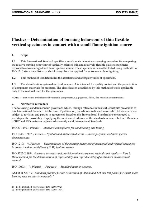 ISO 9773:1998 - Plastics -- Determination of burning behaviour of thin flexible vertical specimens in contact with a small-flame ignition source