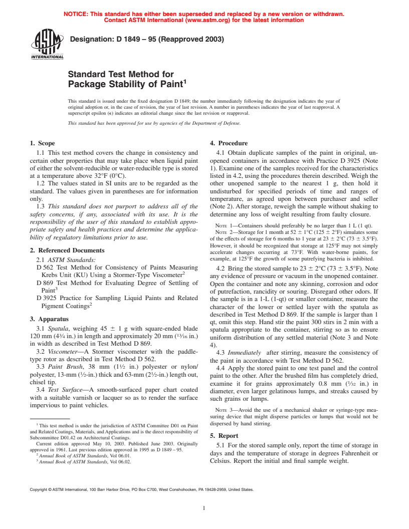 ASTM D1849-95(2003) - Standard Test Method for Package Stability of Paint