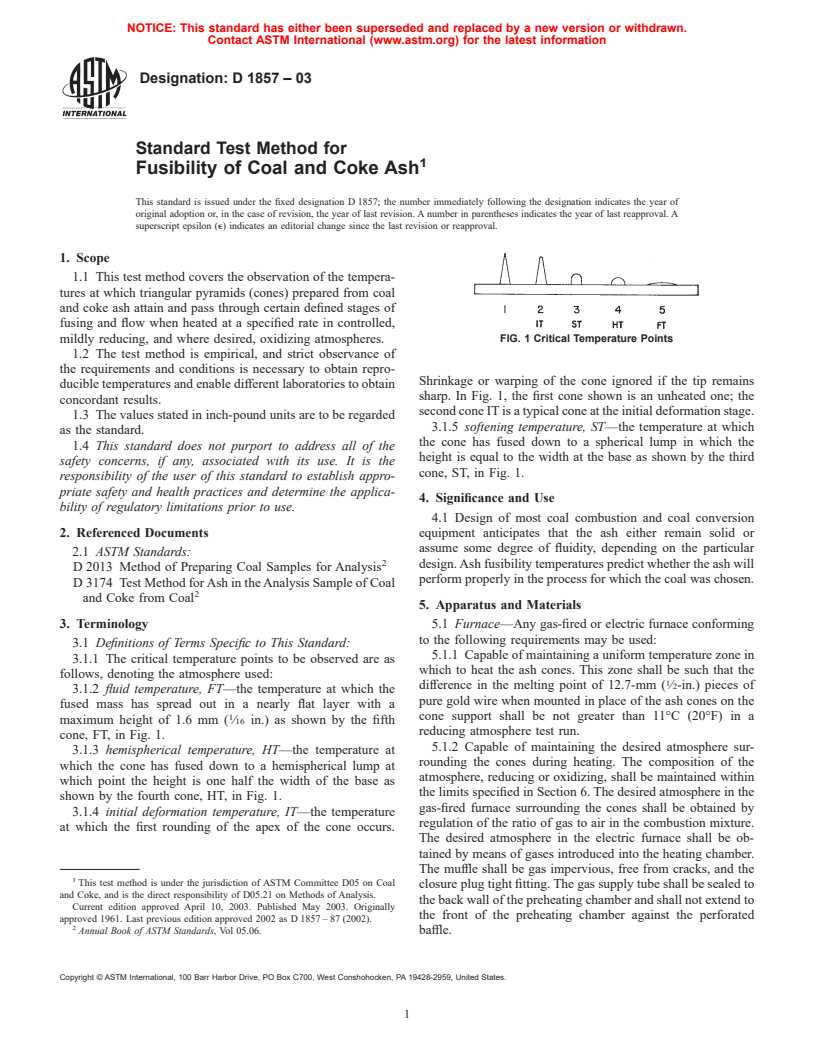 ASTM D1857-03 - Standard Test Method for Fusibility of Coal and Coke Ash