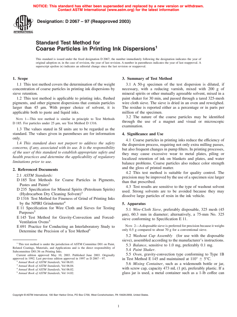 ASTM D2067-97(2003) - Standard Test Method for Coarse Particles in Printing Ink Dispersions