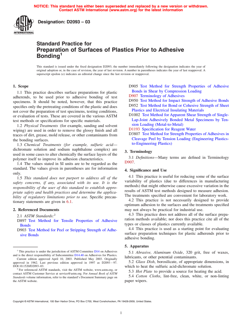 ASTM D2093-03 - Standard Practice for Preparation of Surfaces of Plastics Prior to Adhesive Bonding