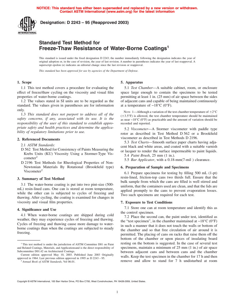 ASTM D2243-95(2003) - Standard Test Method for Freeze-Thaw Resistance of Water-Borne Coatings