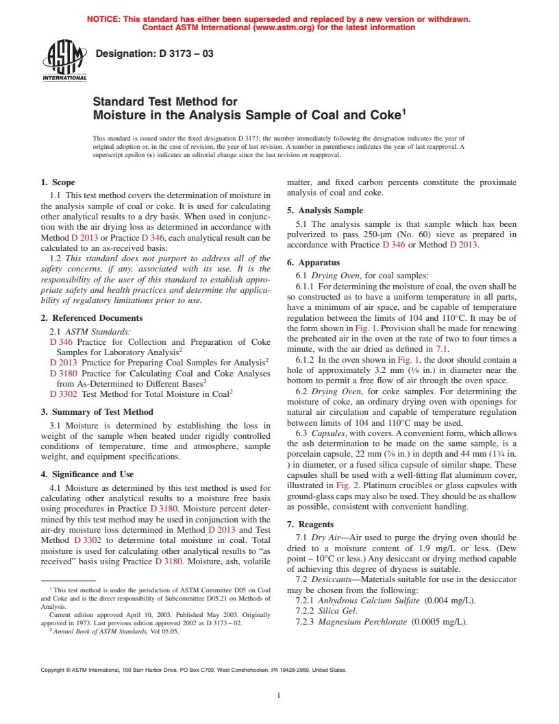 ASTM D3173-03 - Standard Test Method for Moisture in the Analysis Sample of Coal and Coke