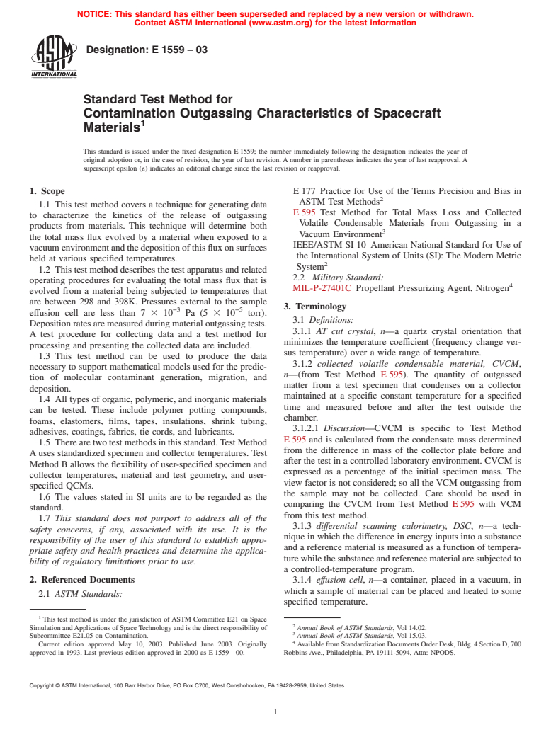 ASTM E1559-03 - Standard Test Method for Contamination Outgassing Characteristics of Spacecraft Materials