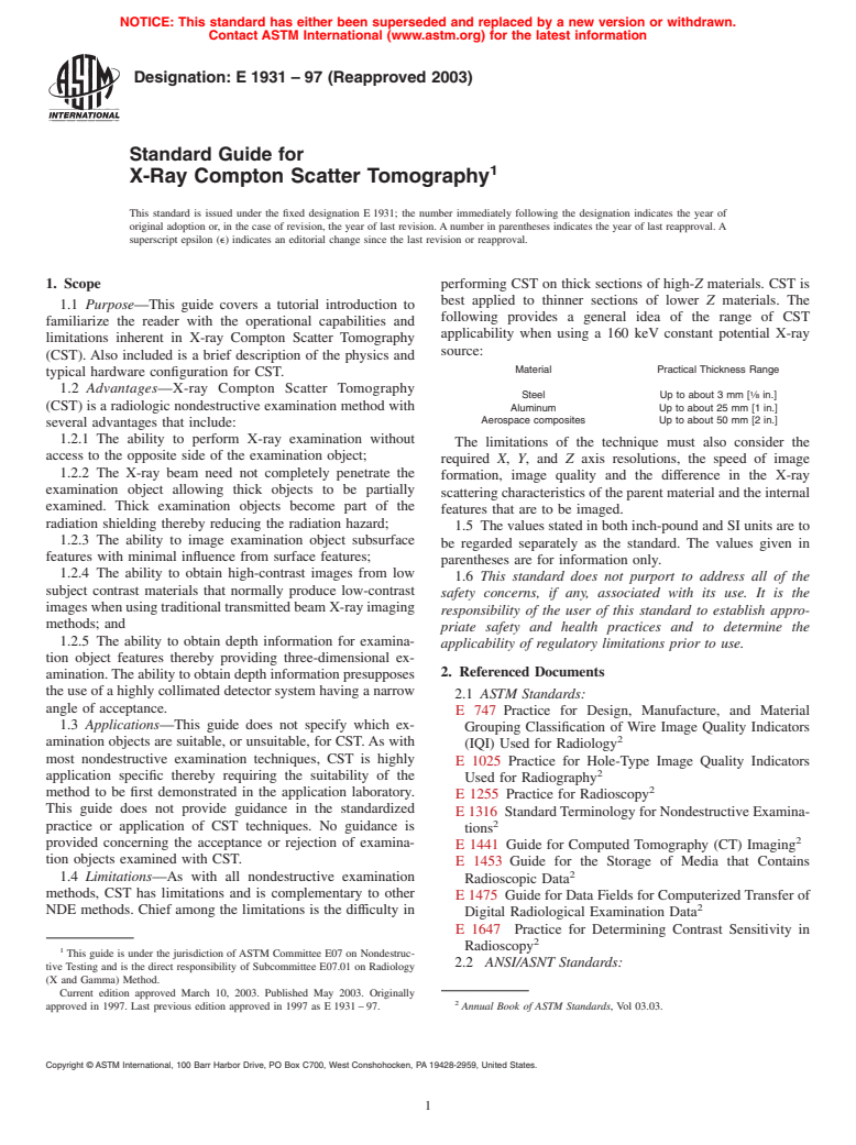 ASTM E1931-97(2003) - Standard Guide for X-Ray Compton Scatter Tomography