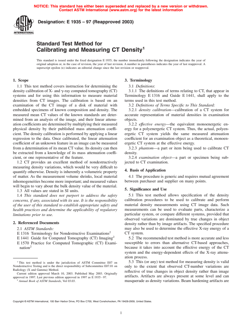 ASTM E1935-97(2003) - Standard Test Method for Calibrating and Meausring CT Density