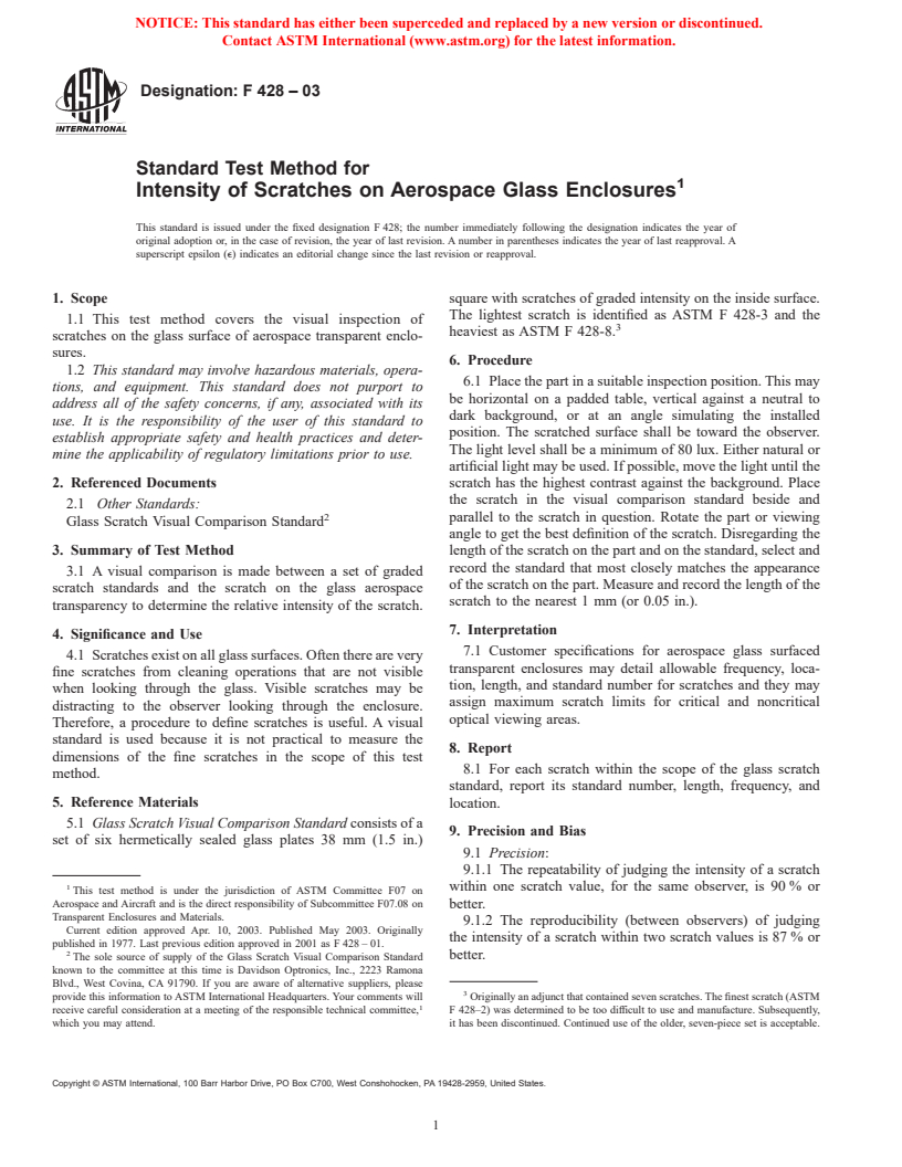 ASTM F428-03 - Standard Test Method for Intensity of Scratches on Aerospace Glass Enclosures