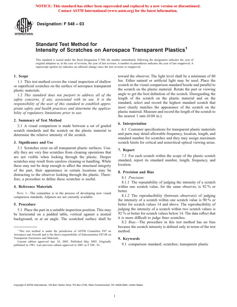 ASTM F548-03 - Standard Test Method for Intensity of Scratches on Aerospace Transparent Plastics