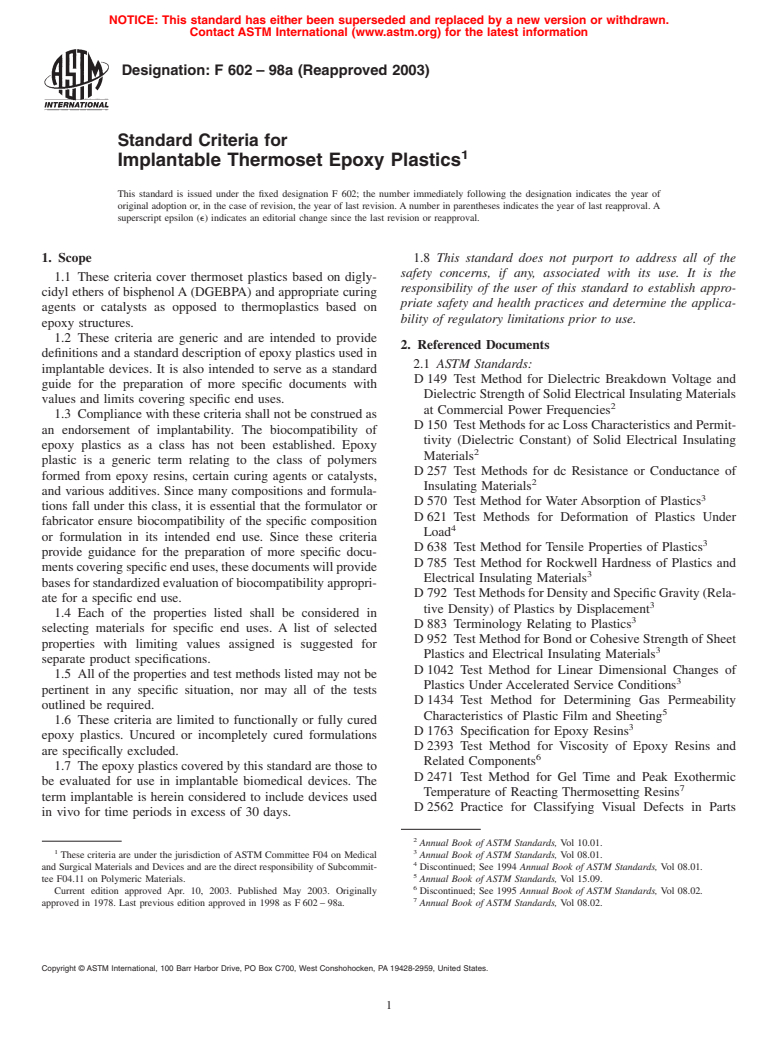 ASTM F602-98a(2003) - Standard Criteria for Implantable Thermoset Epoxy Plastics