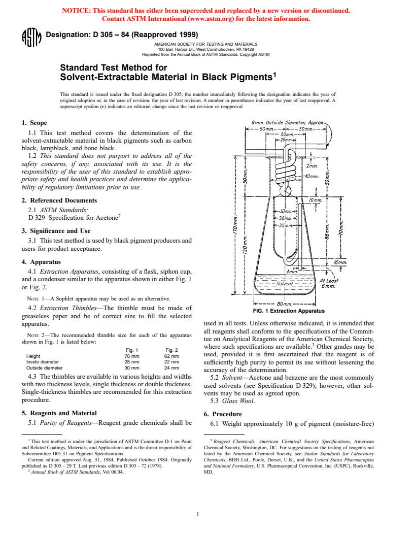 ASTM D305-84(1999) - Standard Test Method for Solvent-Extractable Material in Black Pigments