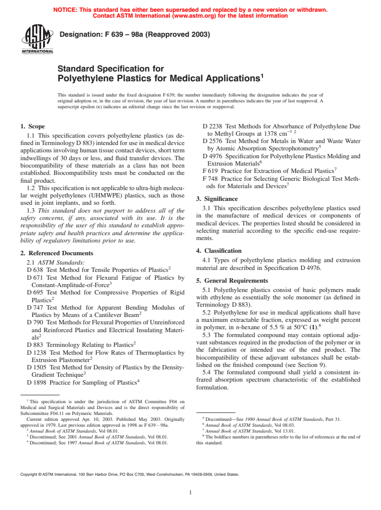 ASTM F639-98a(2003) - Standard Specification for Polyethylene Plastics for Medical Applications