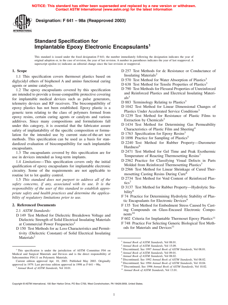 ASTM F641-98a(2003) - Standard Specification for Implantable Epoxy Electronic Encapsulants