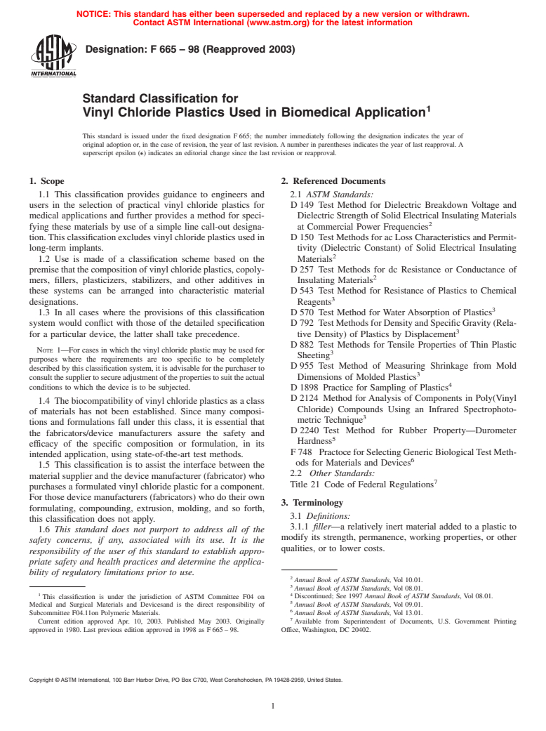 ASTM F665-98(2003) - Standard Classification for Vinyl Chloride Plastics Used in Biomedical Application