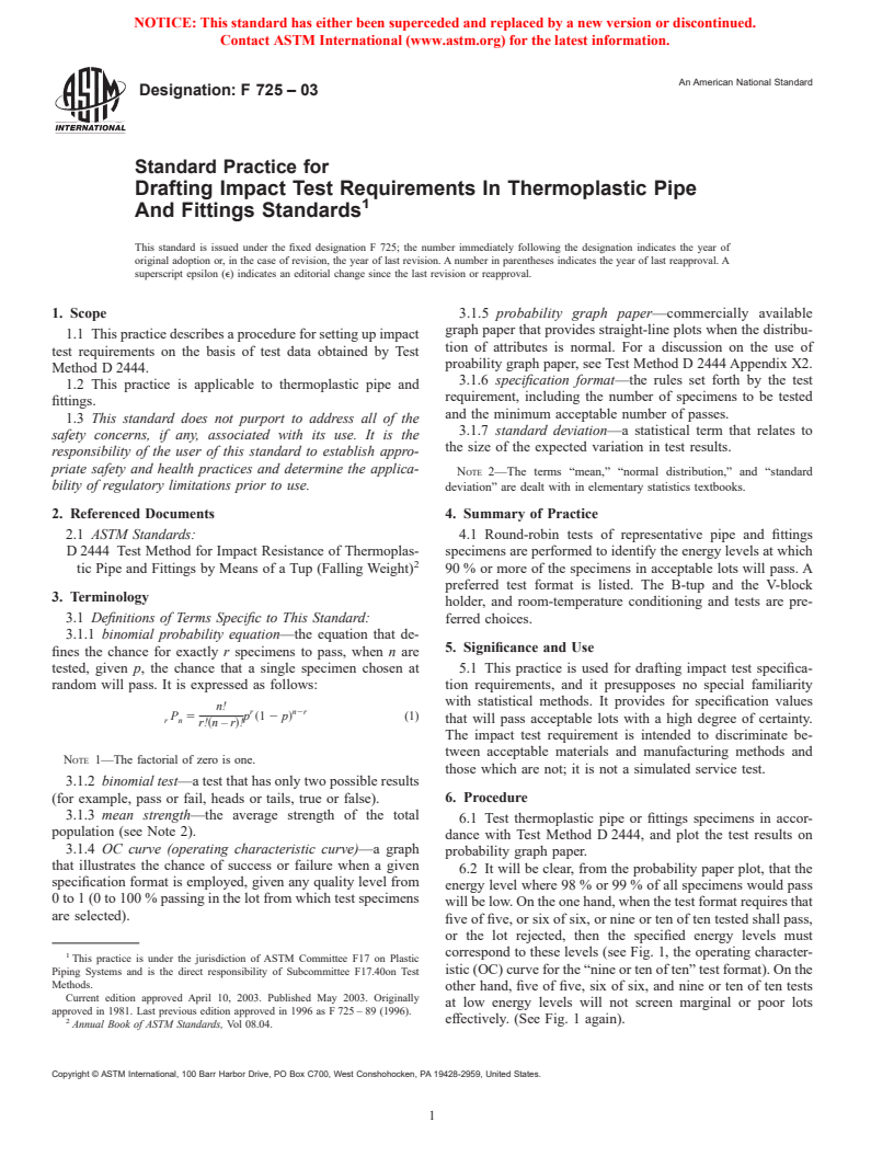 ASTM F725-03 - Standard Practice for Drafting Impact Test Requirements In Thermoplastic Pipe And Fittings Standards