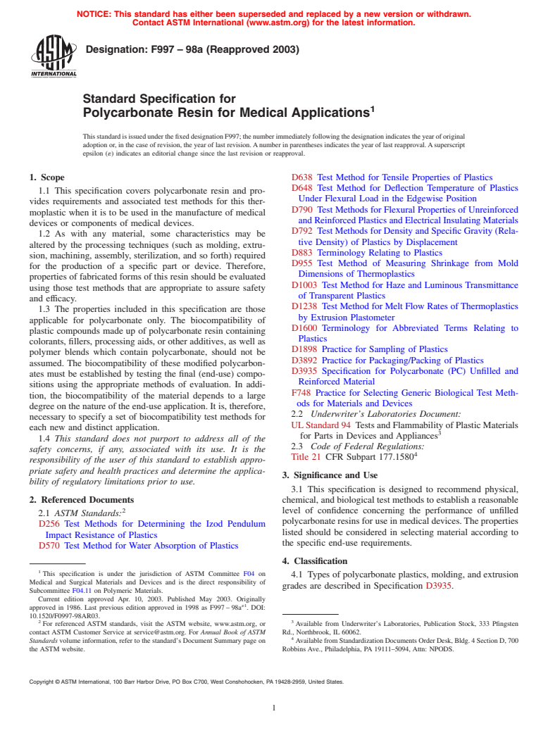 ASTM F997-98a(2003) - Standard Specification for Polycarbonate Resin for Medical Applications