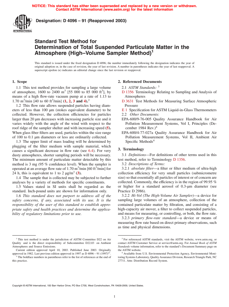 ASTM D4096-91(2003) - Standard Test Method for Determination of Total Suspended Particulate Matter in the Atmosphere (High-Volume Sampler Method)