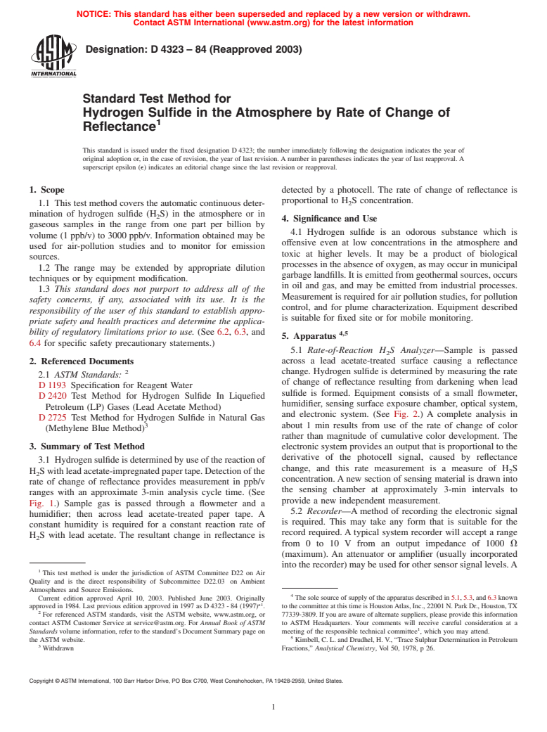 ASTM D4323-84(2003) - Standard Test Method for Hydrogen Sulfide in the Atmosphere by Rate of Change of Reflectance