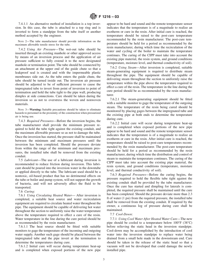 ASTM F1216-03 - Standard Practice for Rehabilitation of Existing Pipelines and Conduits by the Inversion and Curing of a Resin-Impregnated Tube